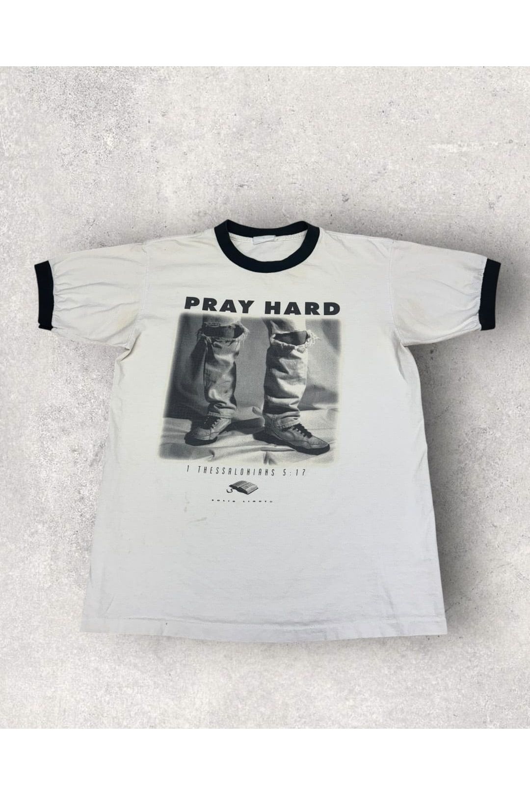 Vintage Solid Light Pray Hard Religious Ringer Tee- M