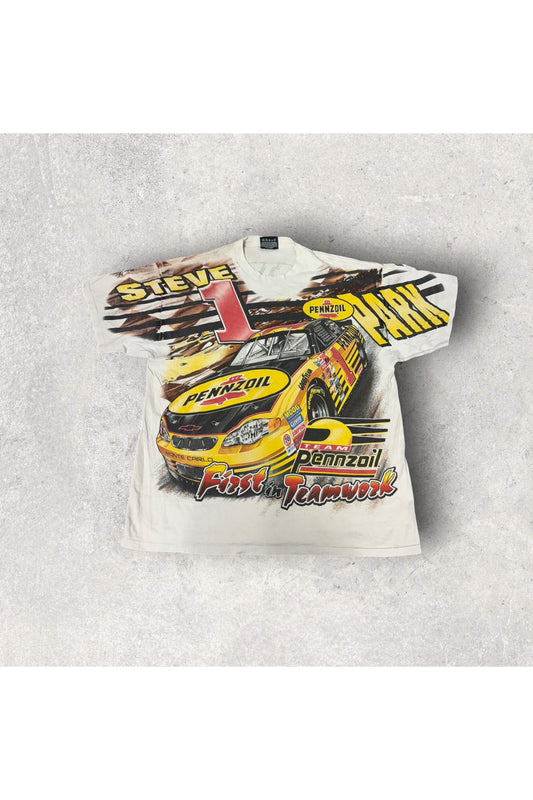 Vintage Chase Authentics Steve Park Pennzoil NASCAR All Over Print Racing Tee- L