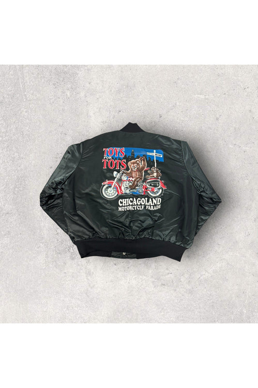 Vintage Birdie Made In USA Toys For Tots Chicagoland Motorcycle Parade Satin Bomber Jacket- XL