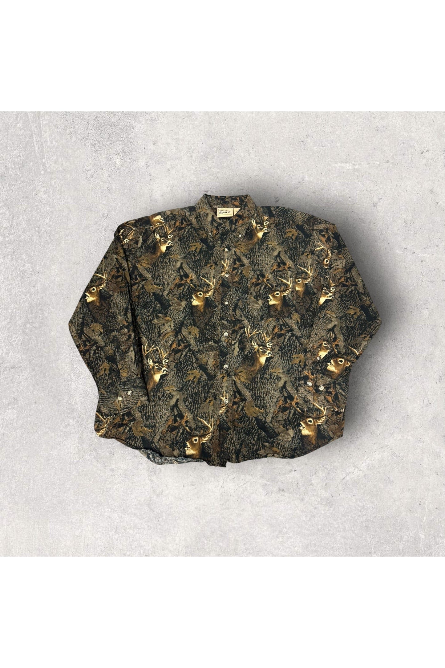 Vintage Work n' Sport Real Tree Camo Buck Print Long Sleeve Button Up- XXL