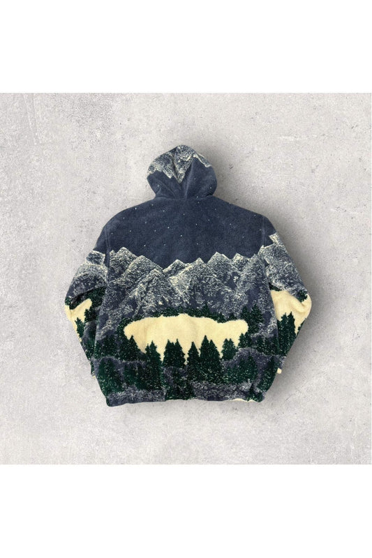 Vintage Country Woods Landscape Fleece Hooded Full Zip Jacket- S