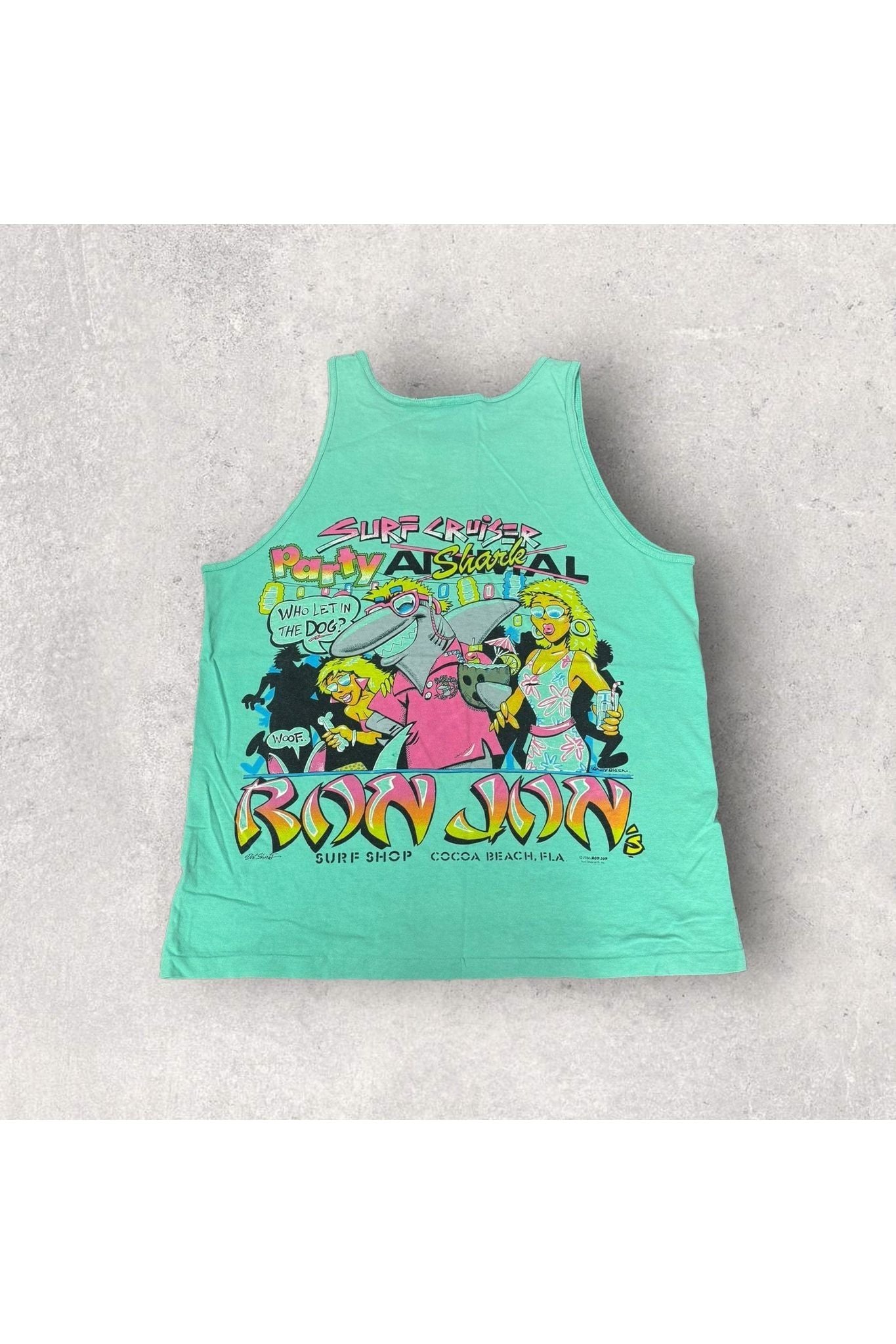 Vintage Oneita 1986 Ron Jon Surf Shop Surf Cruiser Party Shark Tank- L