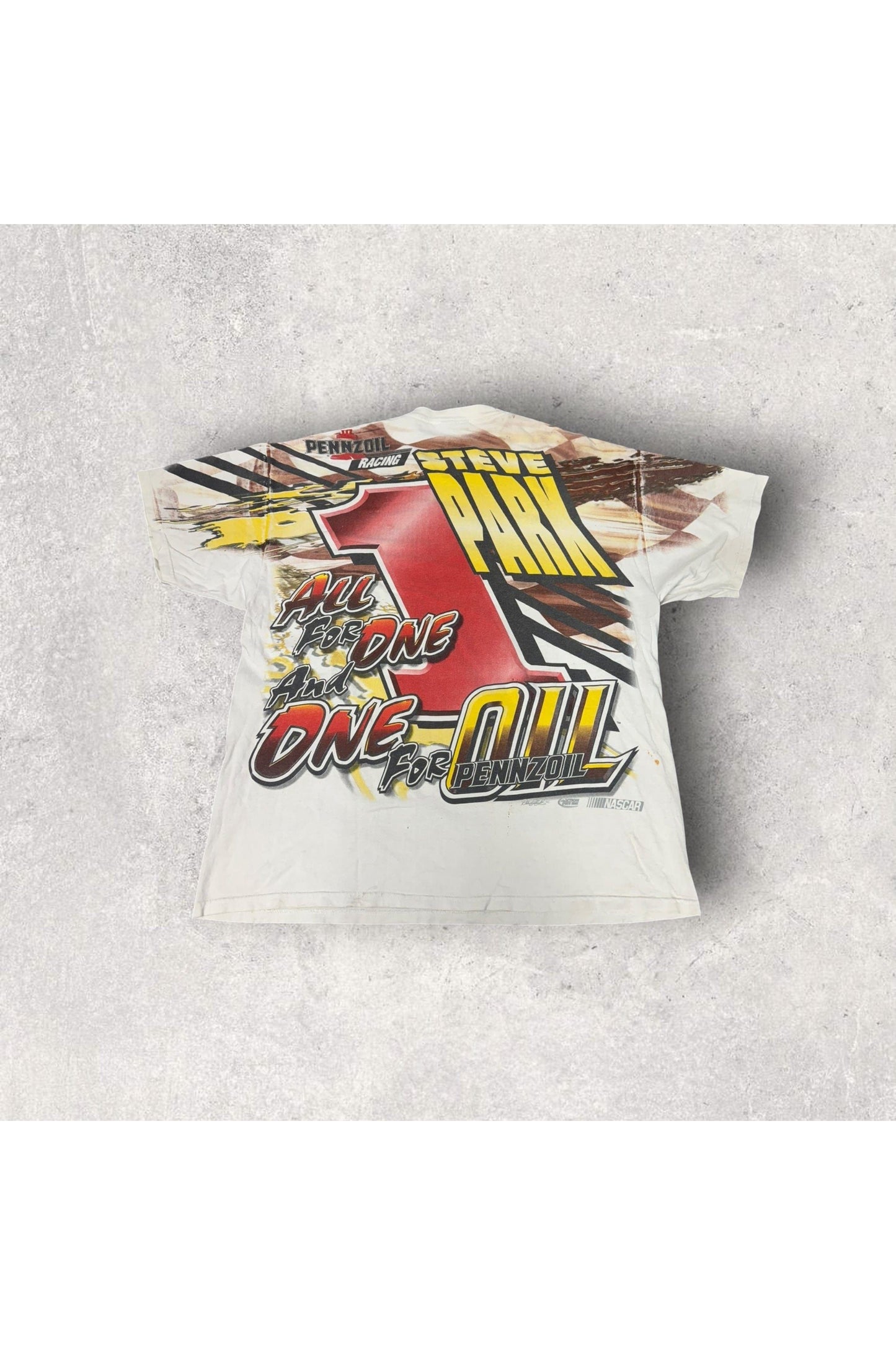 Vintage Chase Authentics Steve Park Pennzoil NASCAR All Over Print Racing Tee- L