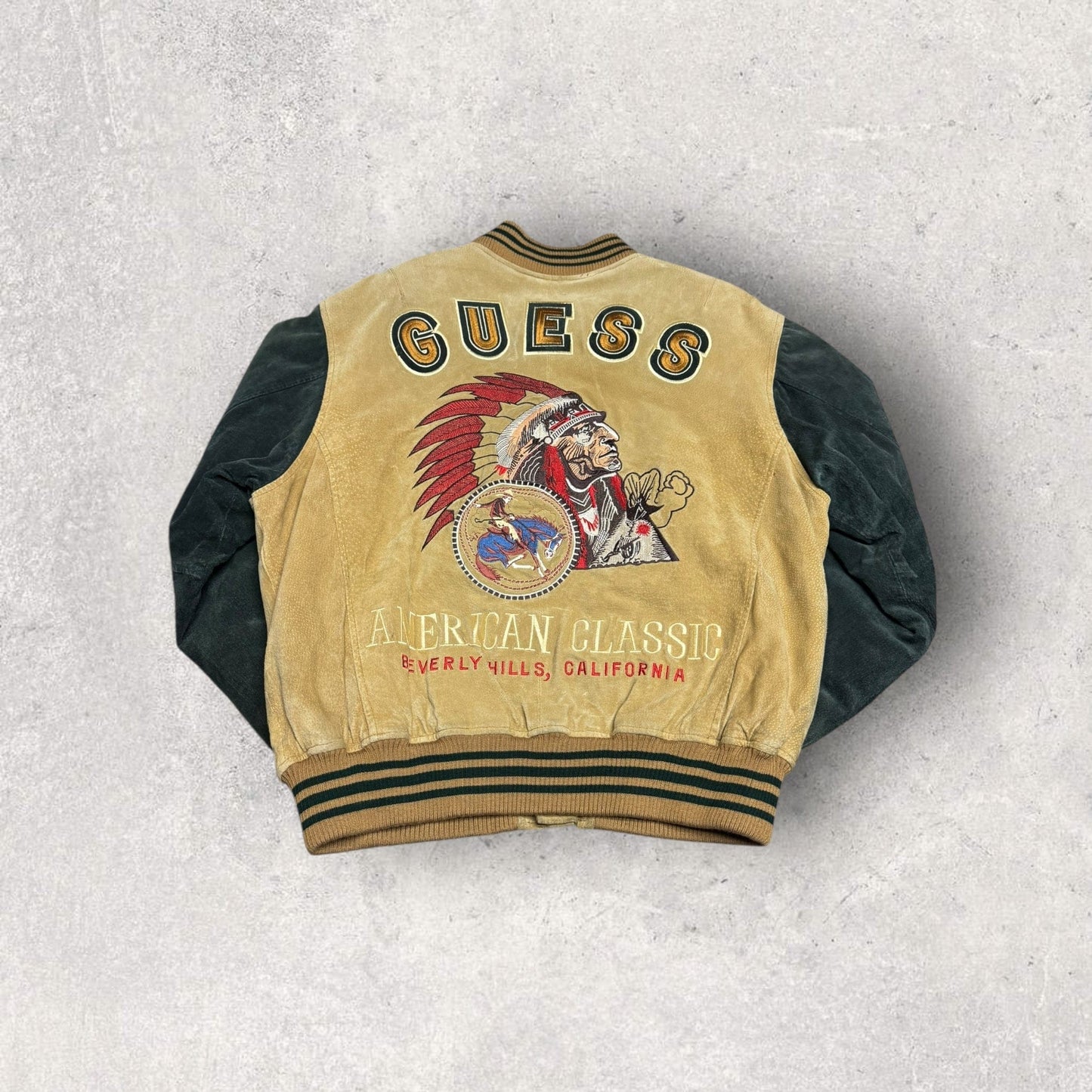 Vintage GUESS American Classic Beverly Hill, California Embroidered Native American Suede Varsity Jacket- M
