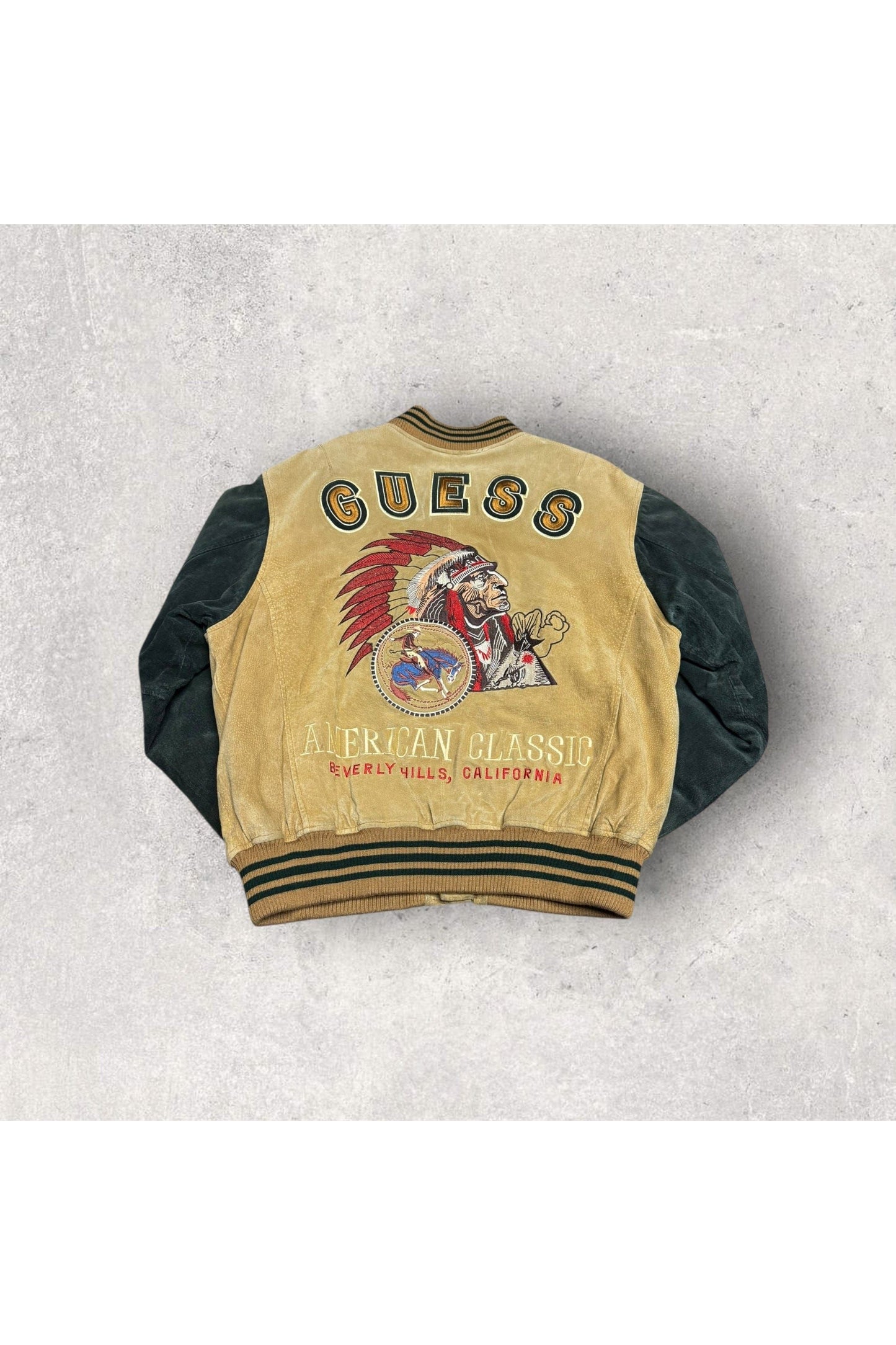 Vintage GUESS American Classic Beverly Hill, California Embroidered Native American Suede Varsity Jacket- M
