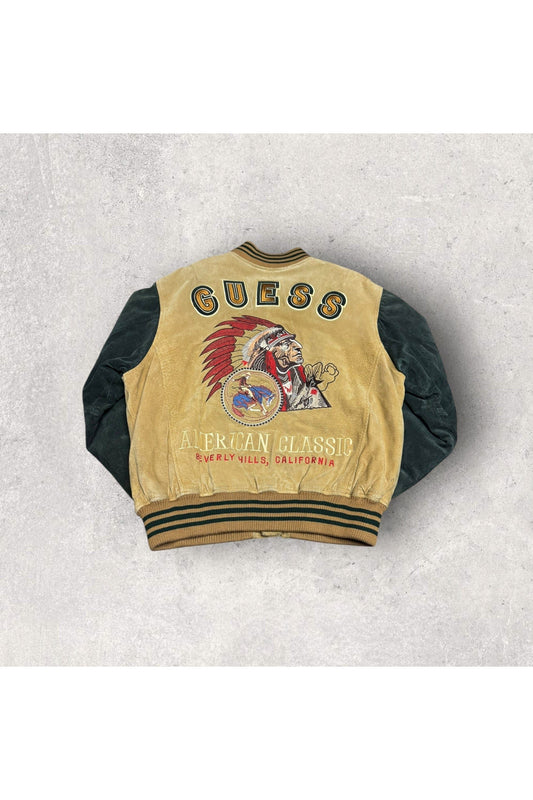 Vintage GUESS American Classic Beverly Hill, California Embroidered Native American Suede Varsity Jacket- M