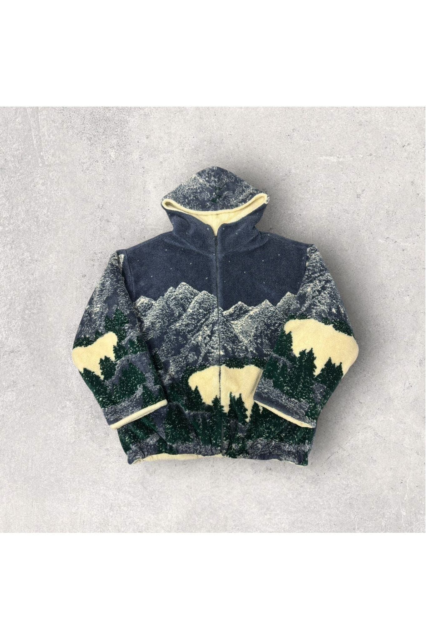 Vintage Country Woods Landscape Fleece Hooded Full Zip Jacket- S