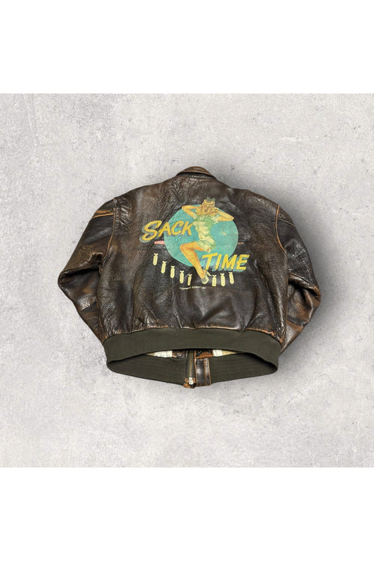 Vintage 1987 AVIREX TYPE A-2 Leather Military Sack Time Pin Up Girl Flight/Bomber Jacket- XL
