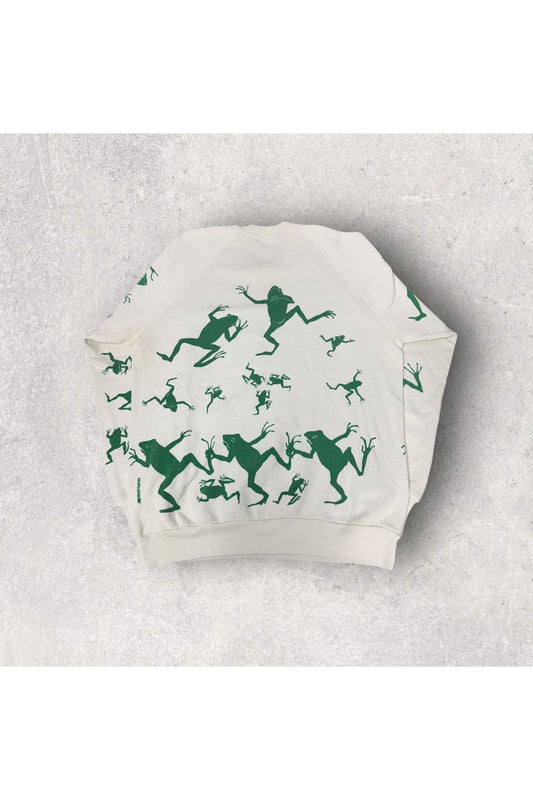 Vintage Michigan Rag Co. Made In USA Jerzees All Over Print Frogs Crewneck- L