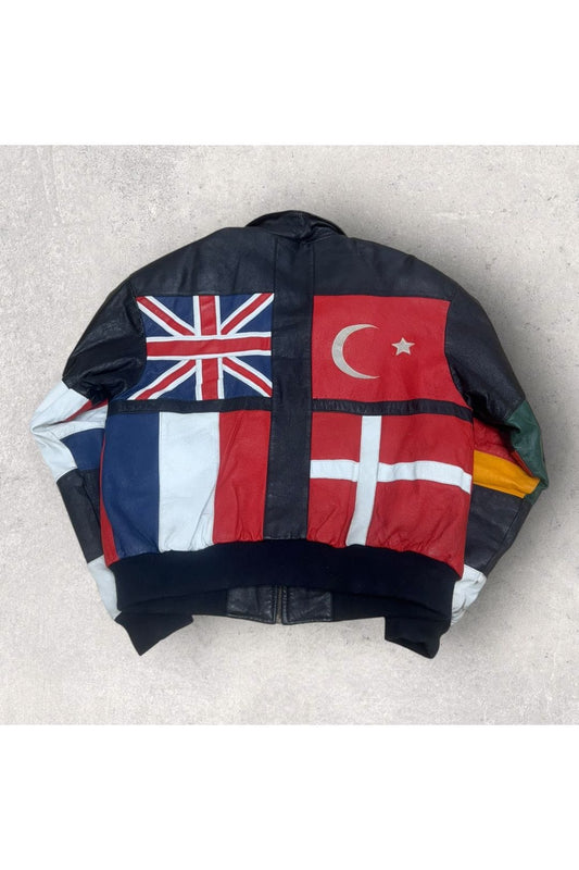 Vintage 90s Phase 3 World Flags Leather Bomber Jacket- L