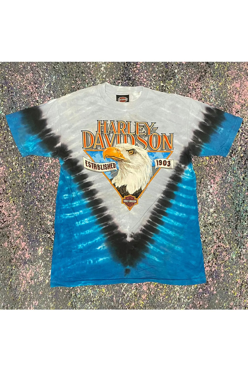 Vintage 1991 Oak Lawn HarleyDavidson Bald Eagle TieDye Tee L