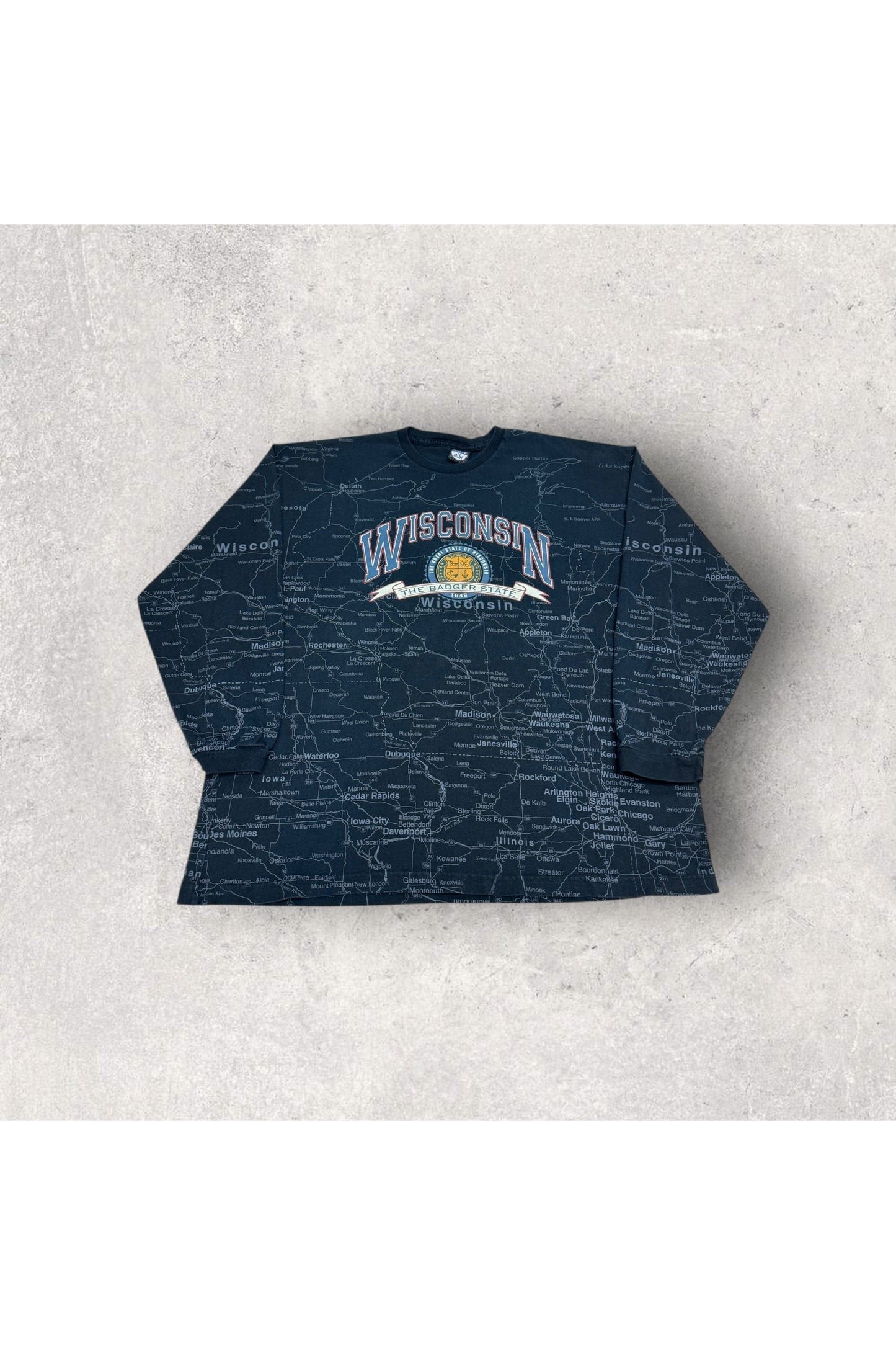 Vintage State of Mine Wisconsin The Badger State All Over Print Map Long Sleeve- XXL