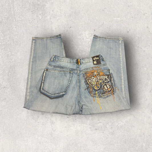 Vintage Pepe Jeans London Embroidered Wide-Leg Denim Jeans- SZ 34 x 29