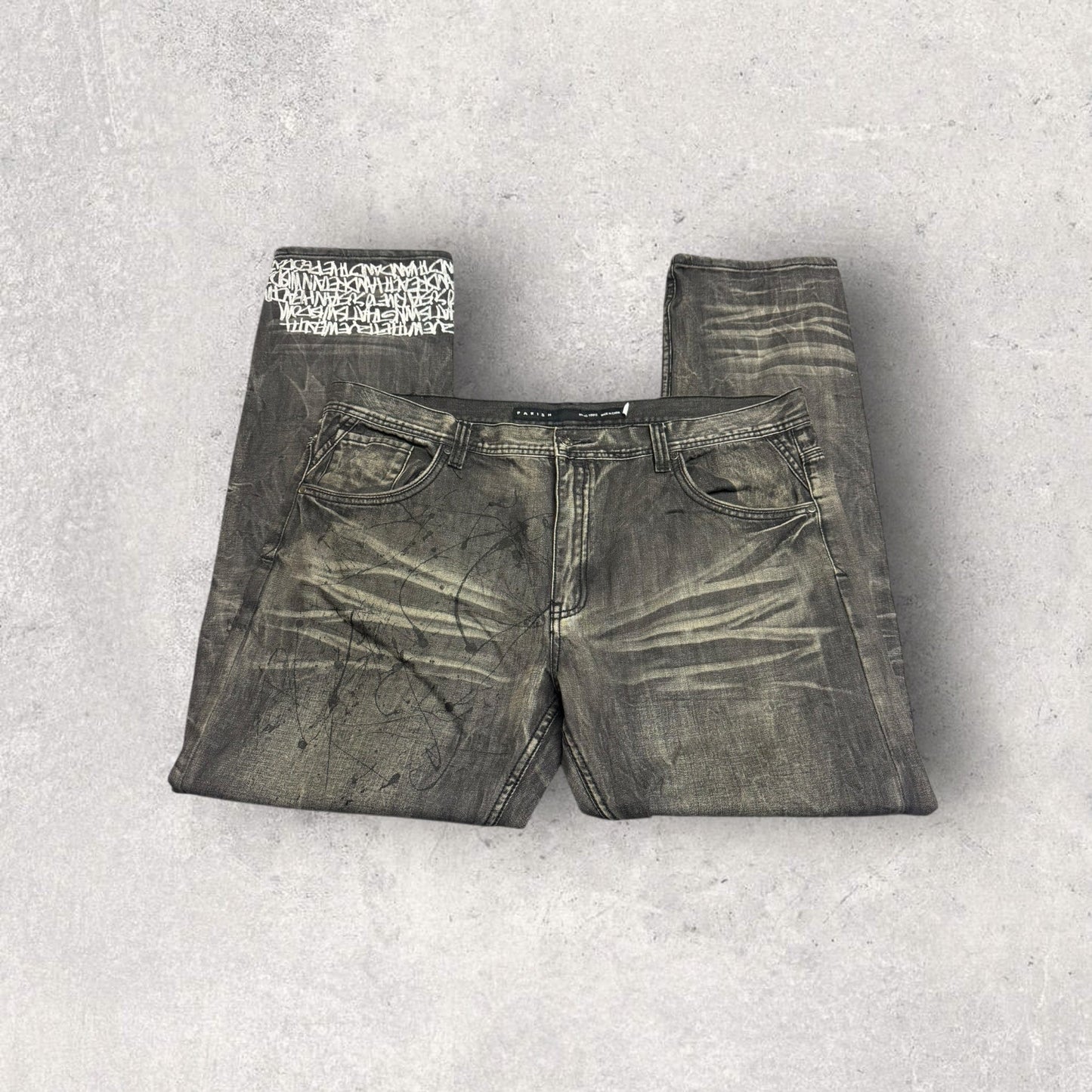 Vintage Y2K Parish Nation Distressed Baggy Fit Acid Wash Splatter Jeans - SZ 42 x 32