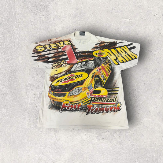 Vintage Chase Authentics Steve Park Pennzoil NASCAR All Over Print Racing Tee- L