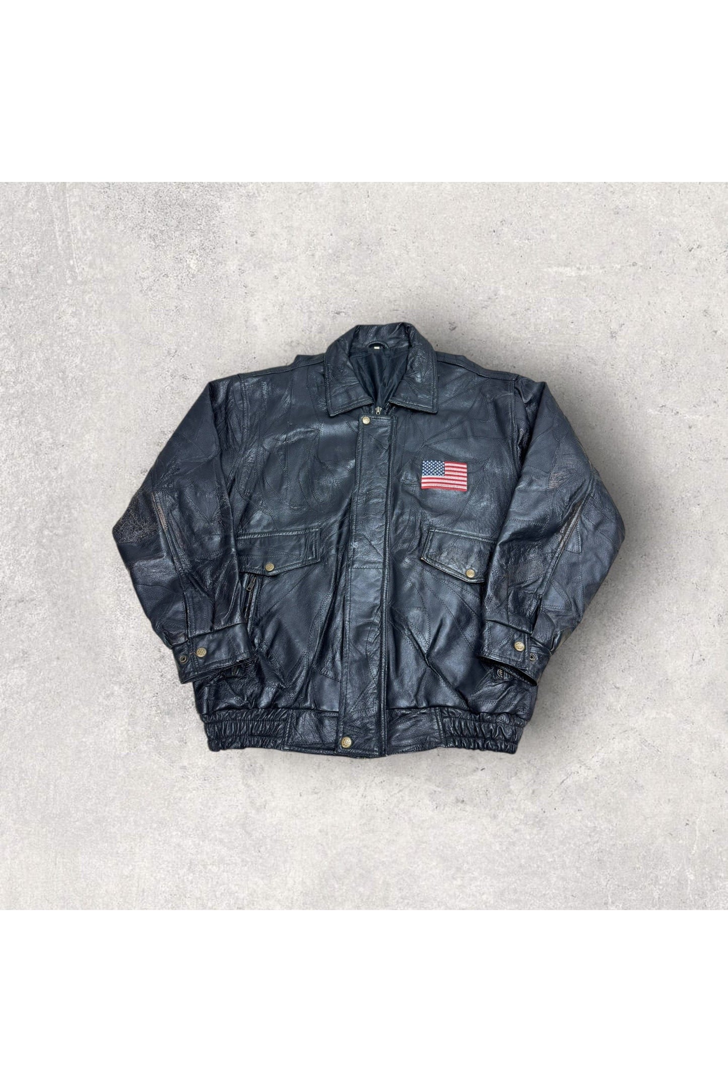 Vintage Embroidered American Flag Bald Eagle Leather Bomber Jacket- L
