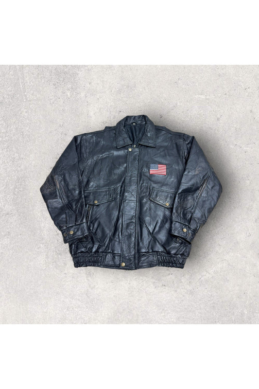 Vintage Embroidered American Flag Bald Eagle Leather Bomber Jacket- L