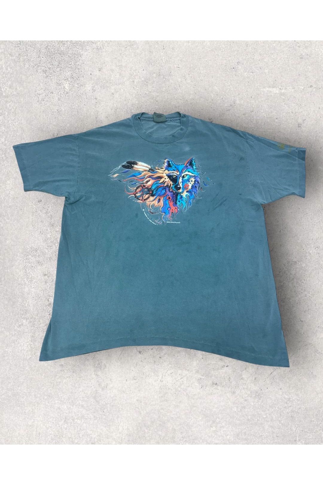 Vintage Single Stitch ANVIL Made In USA Native Aztec Wolf Tee- XL