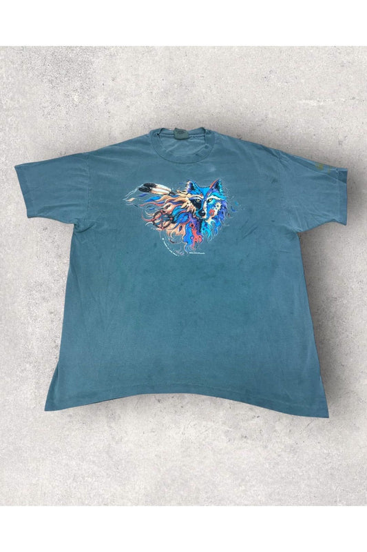 Vintage Single Stitch ANVIL Made In USA Native Aztec Wolf Tee- XL