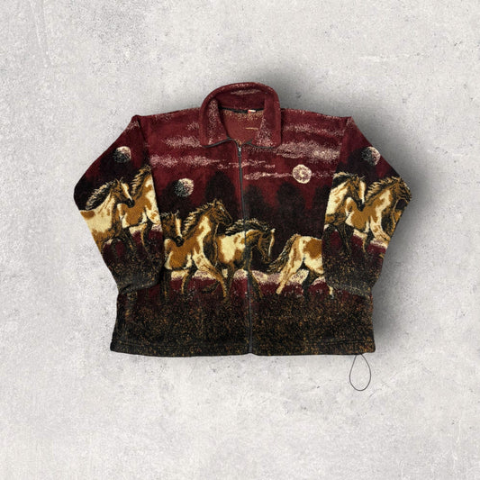 Vintage Mazmania Made In USA Wild Horses All Over Print Fleece Zip Up- XL