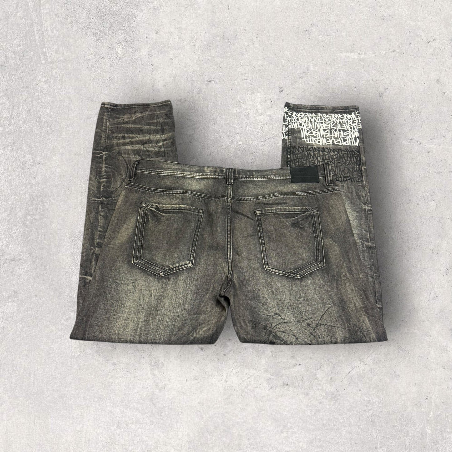 Vintage Y2K Parish Nation Distressed Baggy Fit Acid Wash Splatter Jeans - SZ 42 x 32