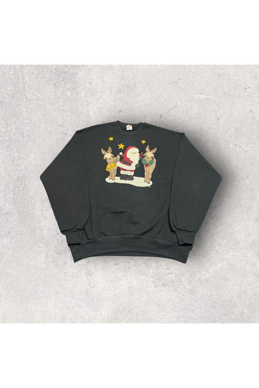 Vintage 90s Jerzees Made In USA Custom Santa and Reindeers Christmas Crewneck- XL