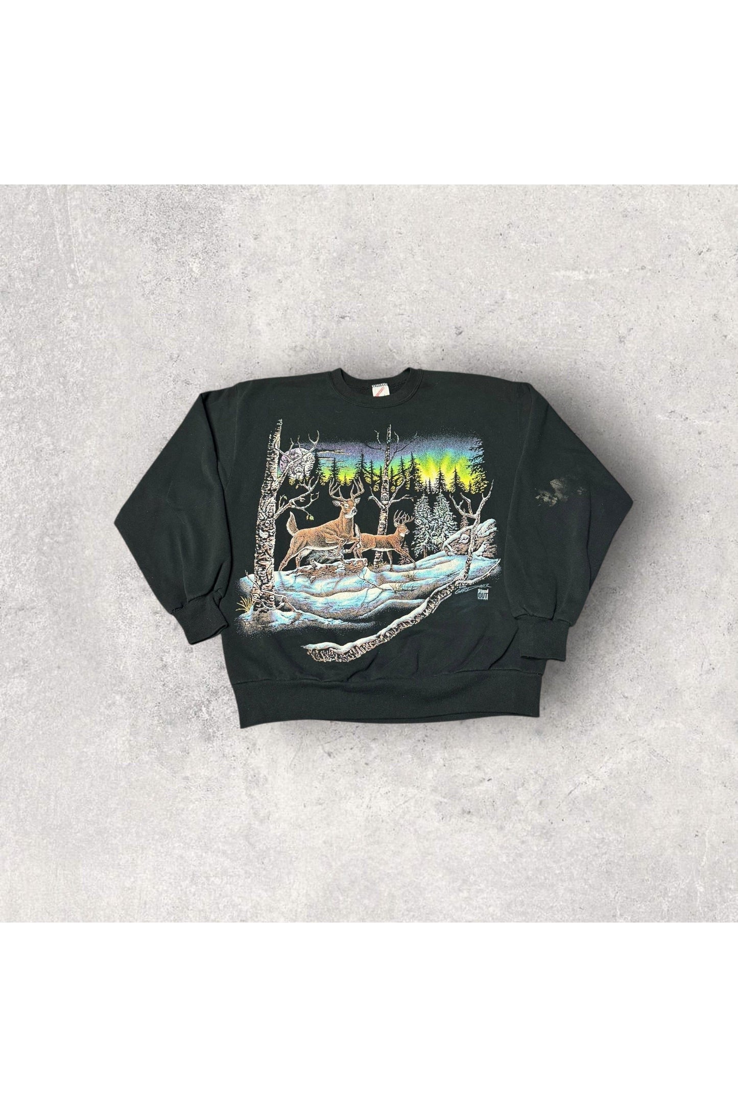 Vintage Jerzees Standout Designs 1994 Northern Lights Deer Nature Crewneck- L