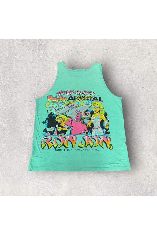 Vintage Oneita 1986 Ron Jon Surf Shop Surf Cruiser Party Shark Tank- L