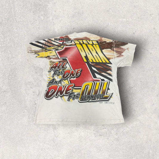 Vintage Chase Authentics Steve Park Pennzoil NASCAR All Over Print Racing Tee- L