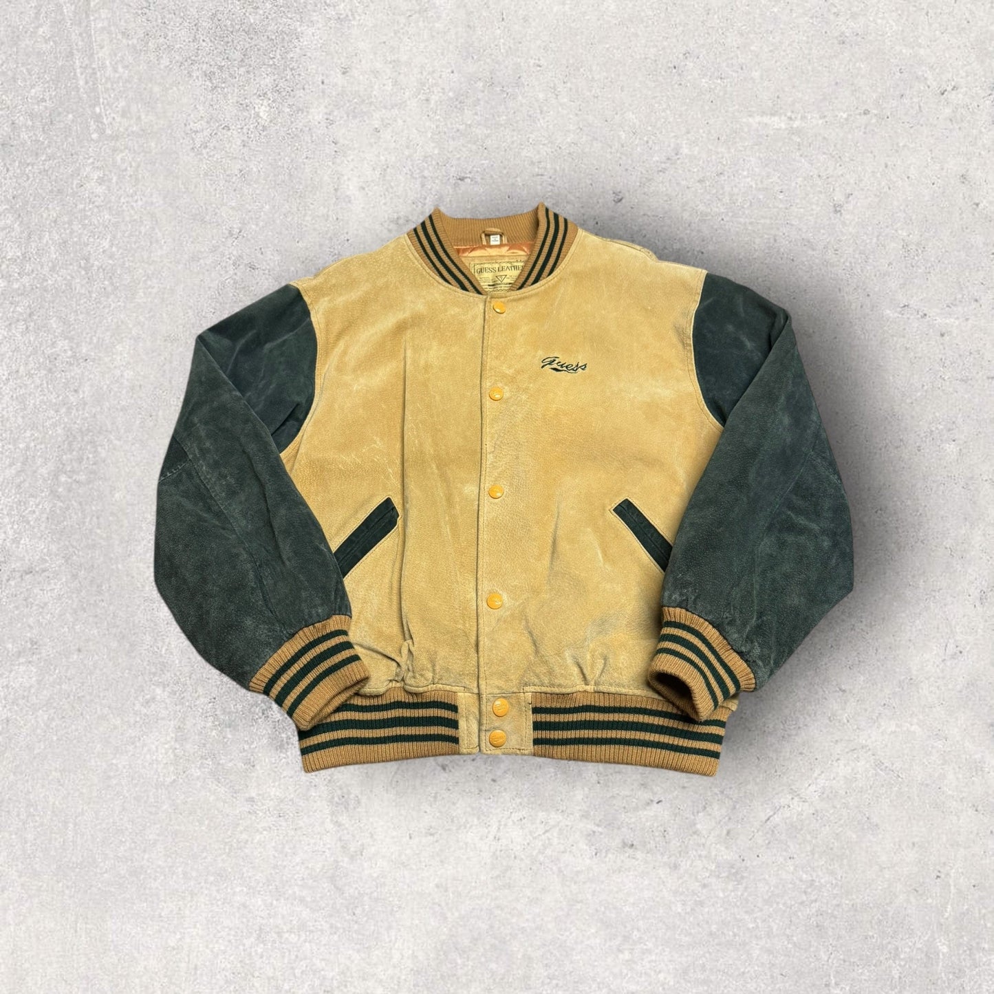 Vintage GUESS American Classic Beverly Hill, California Embroidered Native American Suede Varsity Jacket- M