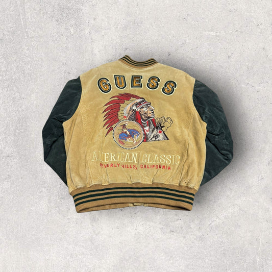 Vintage GUESS American Classic Beverly Hill, California Embroidered Native American Suede Varsity Jacket- M