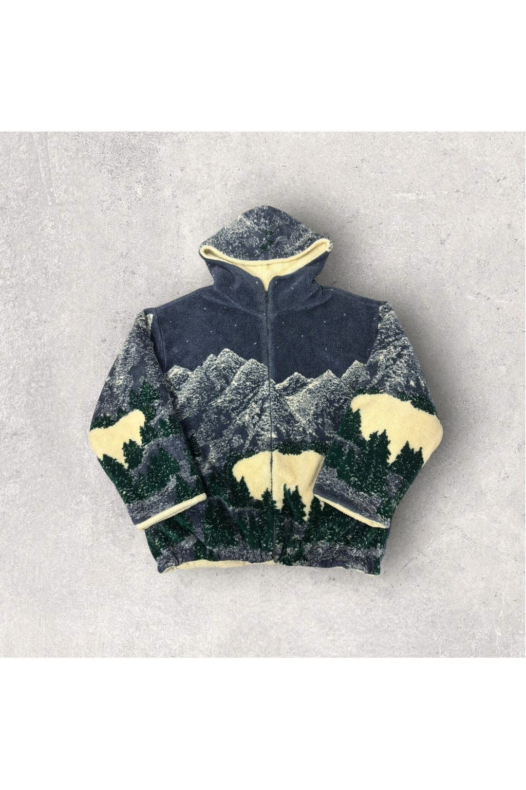 Vintage Country Woods Landscape Fleece Hooded Full Zip Jacket- S