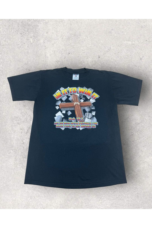 Vintage 2000s Y2K Jerzees In It To Win It Hebrew 12:1 Christian Religious Tee- M