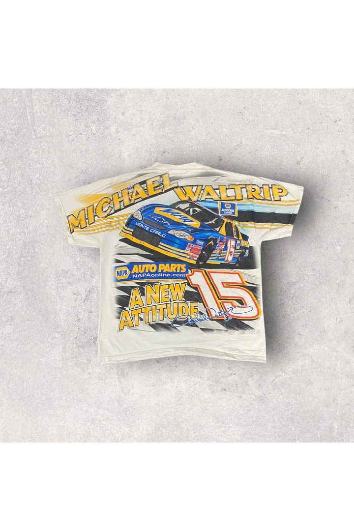 Vintage Chase Authentics Michael Waltrip NAPA Autoparts NASCAR All Over Print Racing Tee- M
