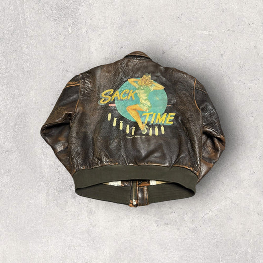 Vintage 1987 AVIREX TYPE A-2 Leather Military Sack Time Pin Up Girl Flight/Bomber Jacket- XL