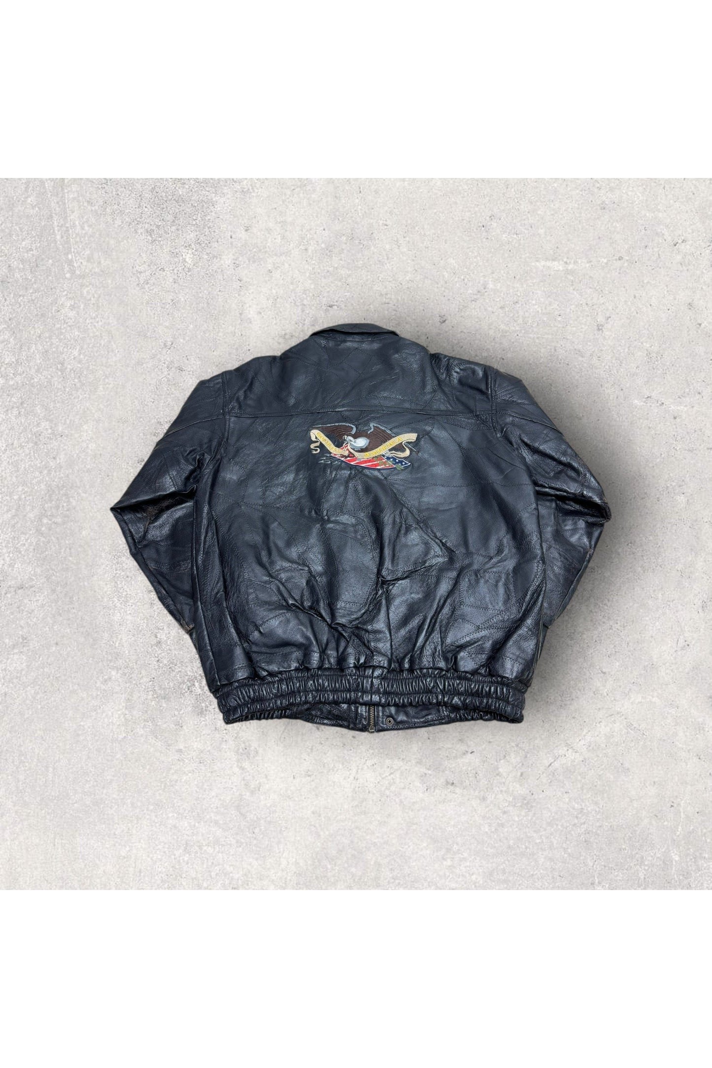 Vintage Embroidered American Flag Bald Eagle Leather Bomber Jacket- L