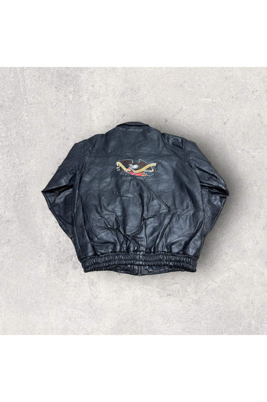 Vintage Embroidered American Flag Bald Eagle Leather Bomber Jacket- L