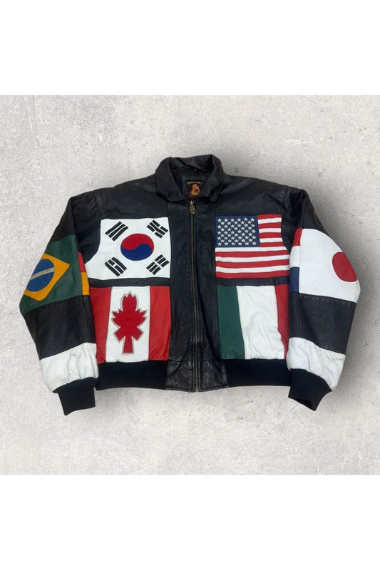 Vintage 90s Phase 3 World Flags Leather Bomber Jacket- L