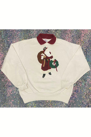 Vintage Jerzees Embroidered Santa Collared Christmas Sweater- L